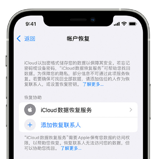池州苹果手机维修分享在 iPhone 上设置帐户恢复联系人的方法 