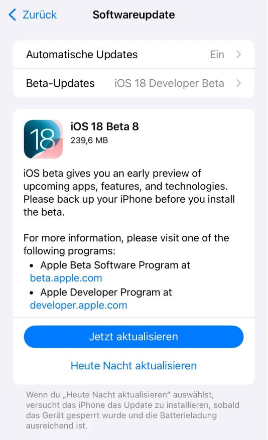 池州苹果手机维修分享苹果 iOS / iPadOS 18 开发者预览版 Beta 8 发布 